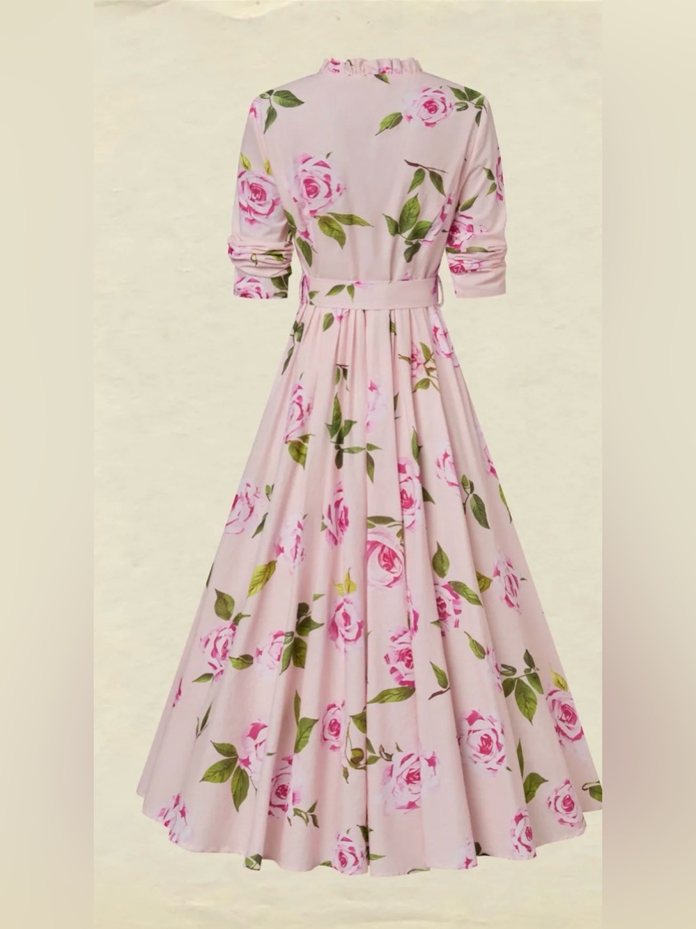Chillinen / Linen Vibes Pink Rose-Print Midi Dress with Belt # 183 - Picture 8 of 12